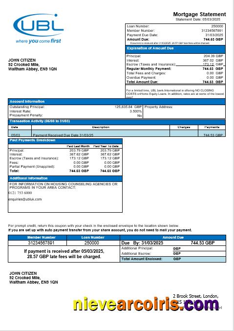 United Kingdom United Bank Ltd (UBL) bank mortgage statement
